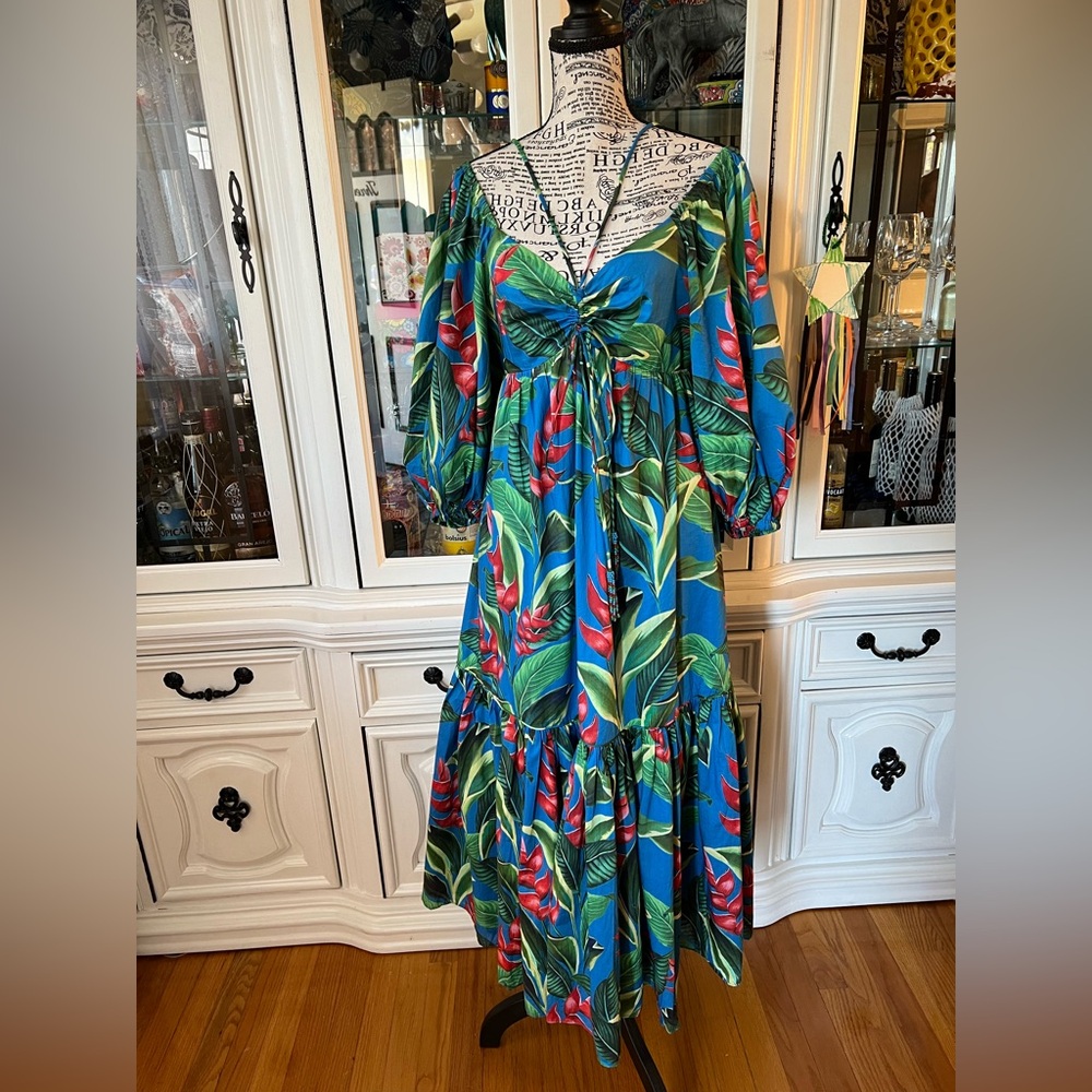 FARM Rio Blue and Green Tropical Print Balloon Sleeves Maxi Dress S - Picture 9 of 16